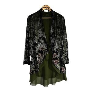 Chico’s Olive Baroque Burnout Velvet Open  FairyCored cardigan duster size 1 L